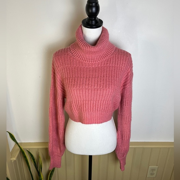 Urban Outfitters Sweaters - Urban Outfitters Pink Cropped Turtleneck Sweater S Ribbed Knit Barbie Cozycore